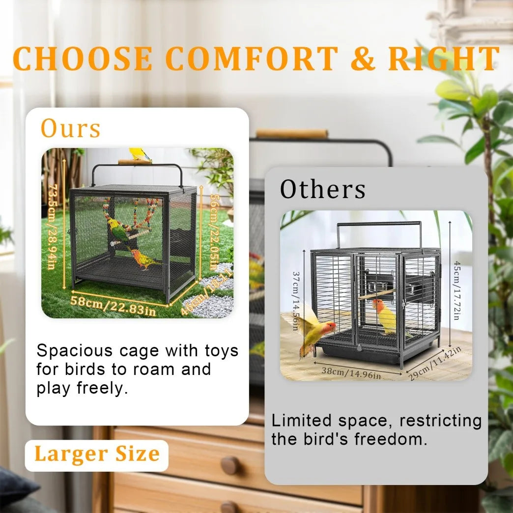 Heavy Duty Wrought Iron Bird Cage Travel Carrier Cage with Handle Wooden Perch for Parrots Canaries Budgies Lovebirds Cockatiels