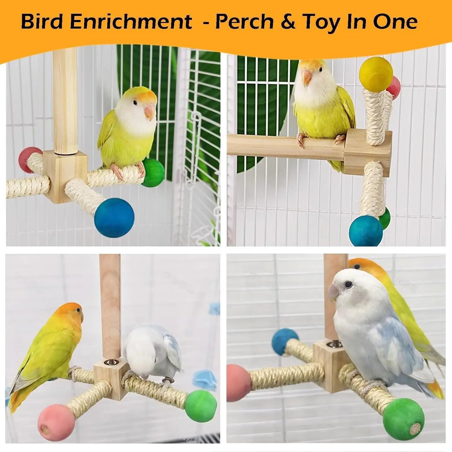 Bird perch toy with spinning wheel, wooden exercise, for budgies, parakeets, cockatiels, interactive enrichment, cage accessory