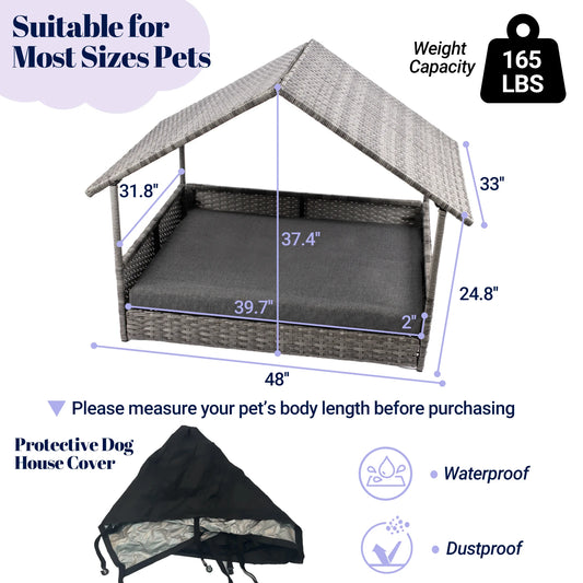 Wicker Dog House, Elevated Rattan Dog Bed with Canopy, Large Dog House Outdoor with Water Resistant Cushion