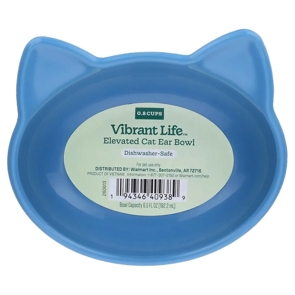 Elevated Cat Bowl with Ears Design 0.8 Cup Capacity Blue Plastic Pet Feeding Dish for Cats and Small Dogs