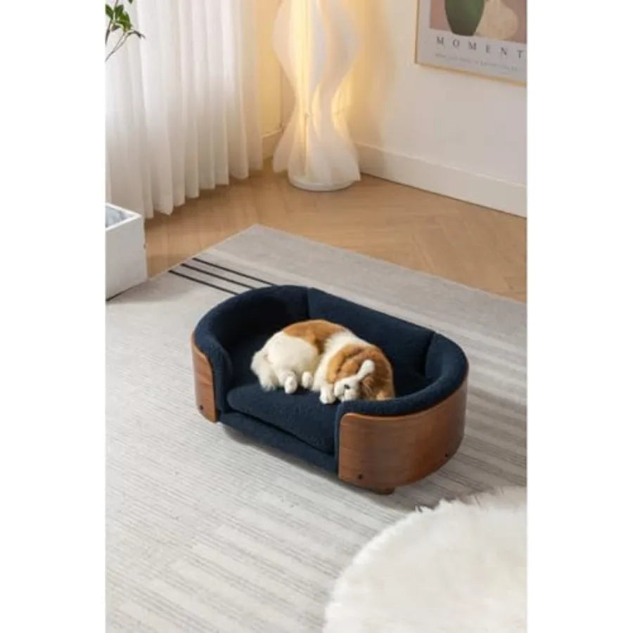 Scandinavian Style Elevated Dog Bed Pet Sofa with Solid Wood Legs Walnut Bentwood Frame Cashmere Cushion Small Size Modern Mini