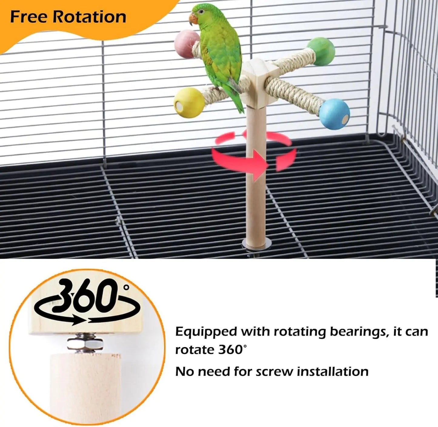 Bird perch toy with spinning wheel, wooden exercise, for budgies, parakeets, cockatiels, interactive enrichment, cage accessory