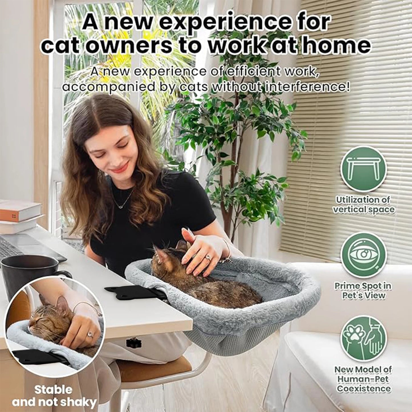 Foldable Semi-Circular Cat Desk Bed Space Saving Hammock Non-Slip Clamp Mount Cat Perch Comfortable Sunken Nest for Home Office Indoor Cats