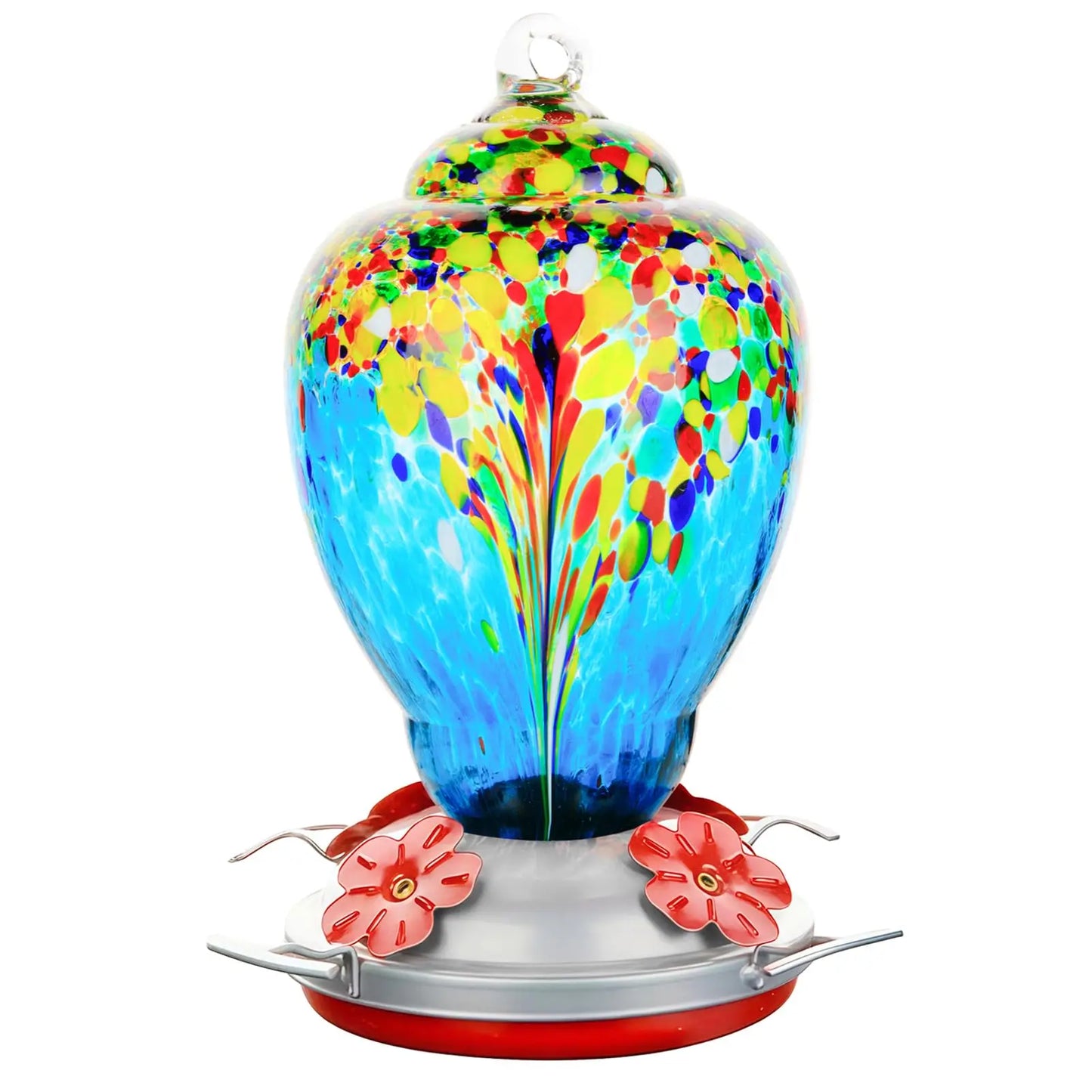 32oz Hand Blown Glass Hummingbird Feeder for Outdoor Yard, Red Firework Ant Proof Nectar Feeder with Ant Moat, Cleaning Brush & Hanging Accessories for Garden Backyard Bird Watching