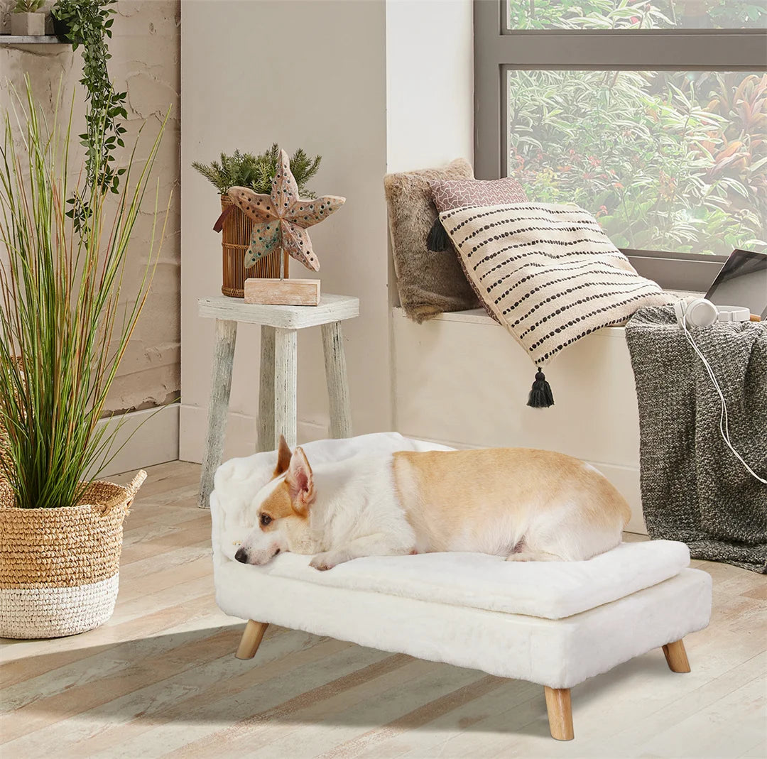 L-Shape Dog Sofa Bed Cat Cushion Stool Warm Nesting Couch with Rubber Wooden Legs Soft Comfortable Pet Furniture