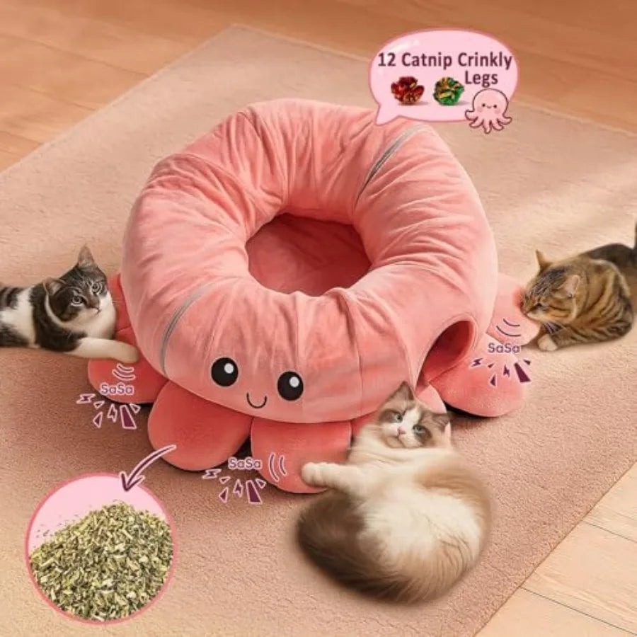 Cat Tunnel Bed with 20 Cat Toys Collapsible Play Tunnel for Indoor Cats Kitten Toys for Indoor Kittens Octopus Shaped