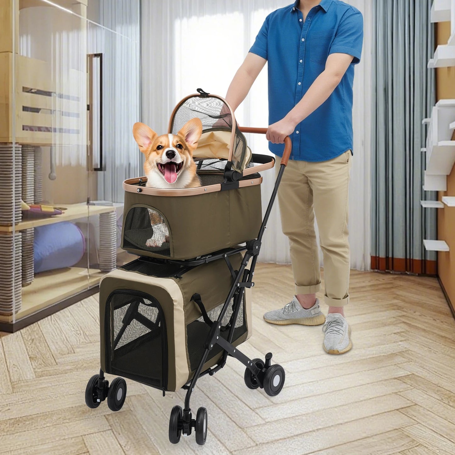 Foldable Pet Stroller for Small/Medium Pets—18.1x22.8x38.2in, 2-Tier Design+Safety Locks, Sunshade+Cushions, Ideal for Travel