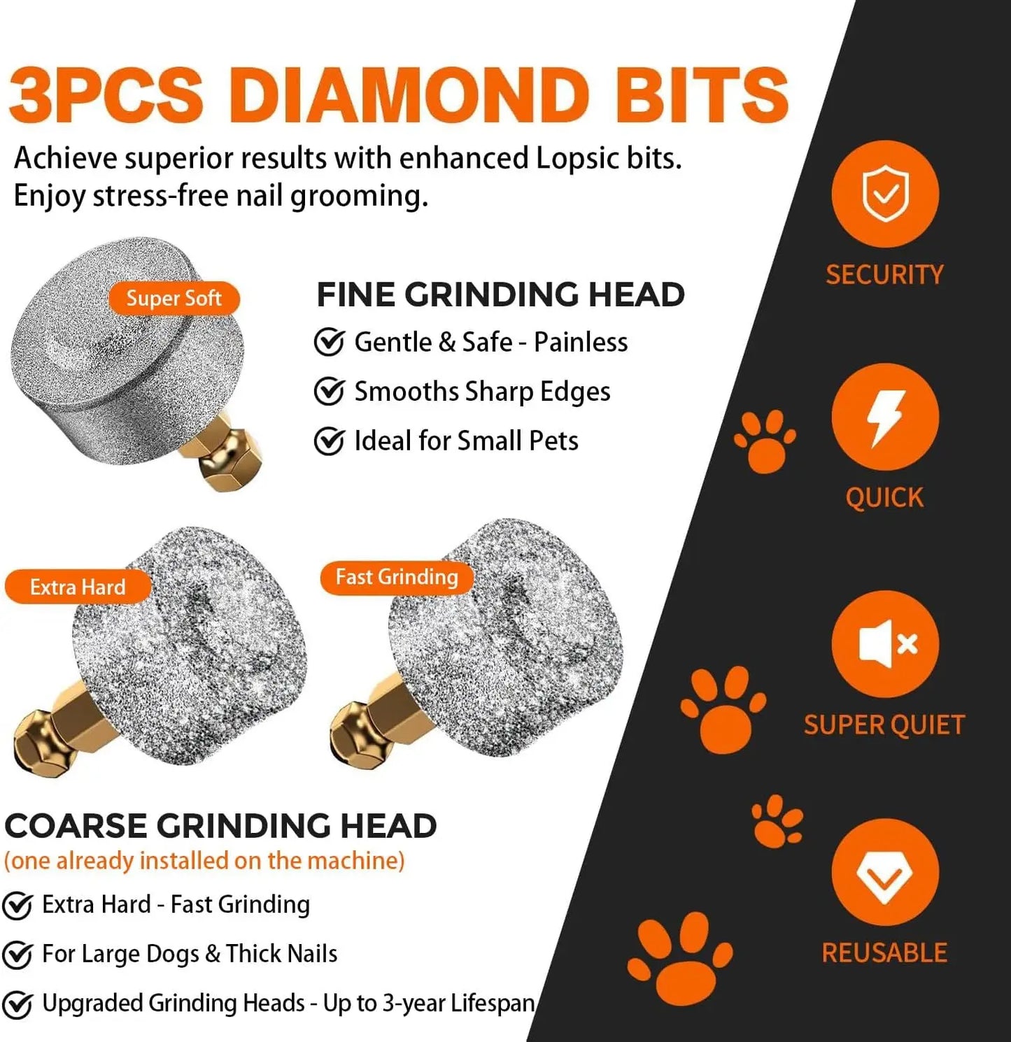 Quiet Dog Nail Grinder with LED Lights, Safe & Painless for All Pets, 3 Bits, 3 Speeds, Rechargeable