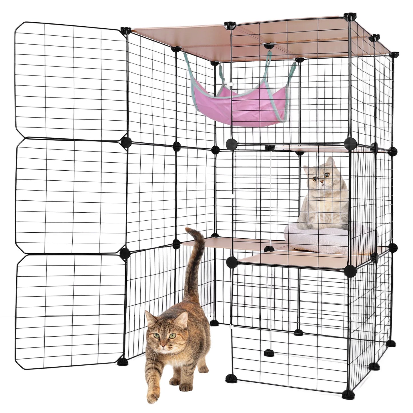 3-Tier Detachable Cat Cage W/ Hammock & Bed Cats Wire Kennel Crate Ideal Large Exercise Place Ideal for 1-3 Cats