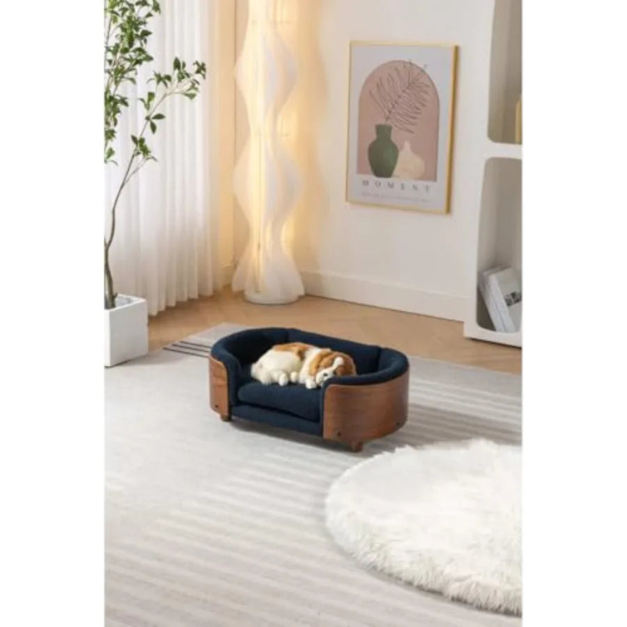Scandinavian Style Elevated Dog Bed Pet Sofa with Solid Wood Legs Walnut Bentwood Frame Cashmere Cushion Small Size Modern Mini