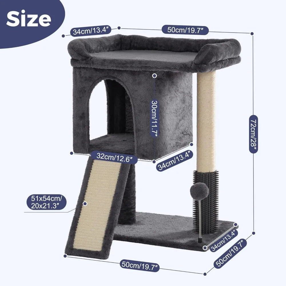 Compact Multi Level Cat Tower with Large Top Bed Condo Sisal Scratching Post Ramp Self Groomer Toy