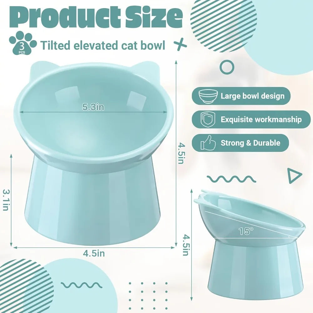 Elevated Cat Bowls Set with Cat-Ear Shape, Raised Heavy-Duty Feeder with Anti-Slip Base & Comfort Neck Design for Indoor Cats