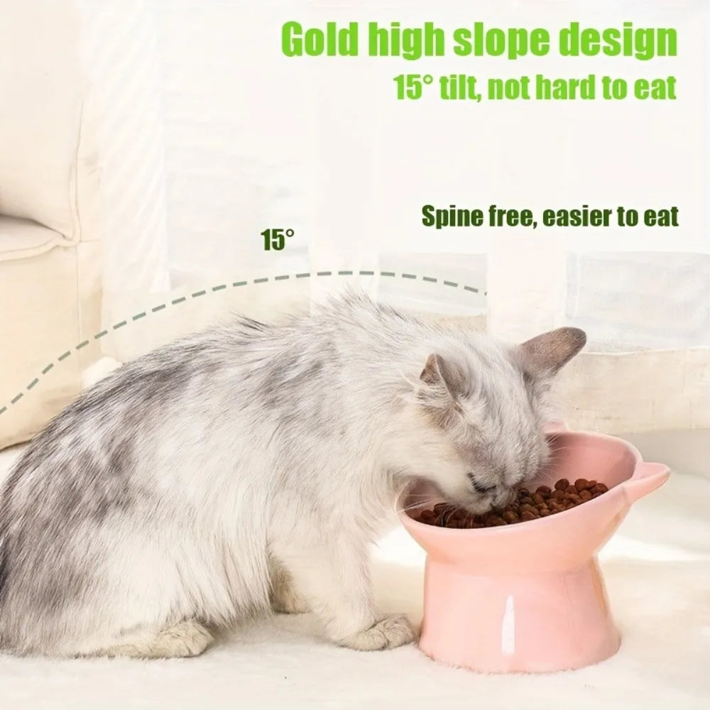 Elevated Cat Bowls Set with Cat-Ear Shape, Raised Heavy-Duty Feeder with Anti-Slip Base & Comfort Neck Design for Indoor Cats