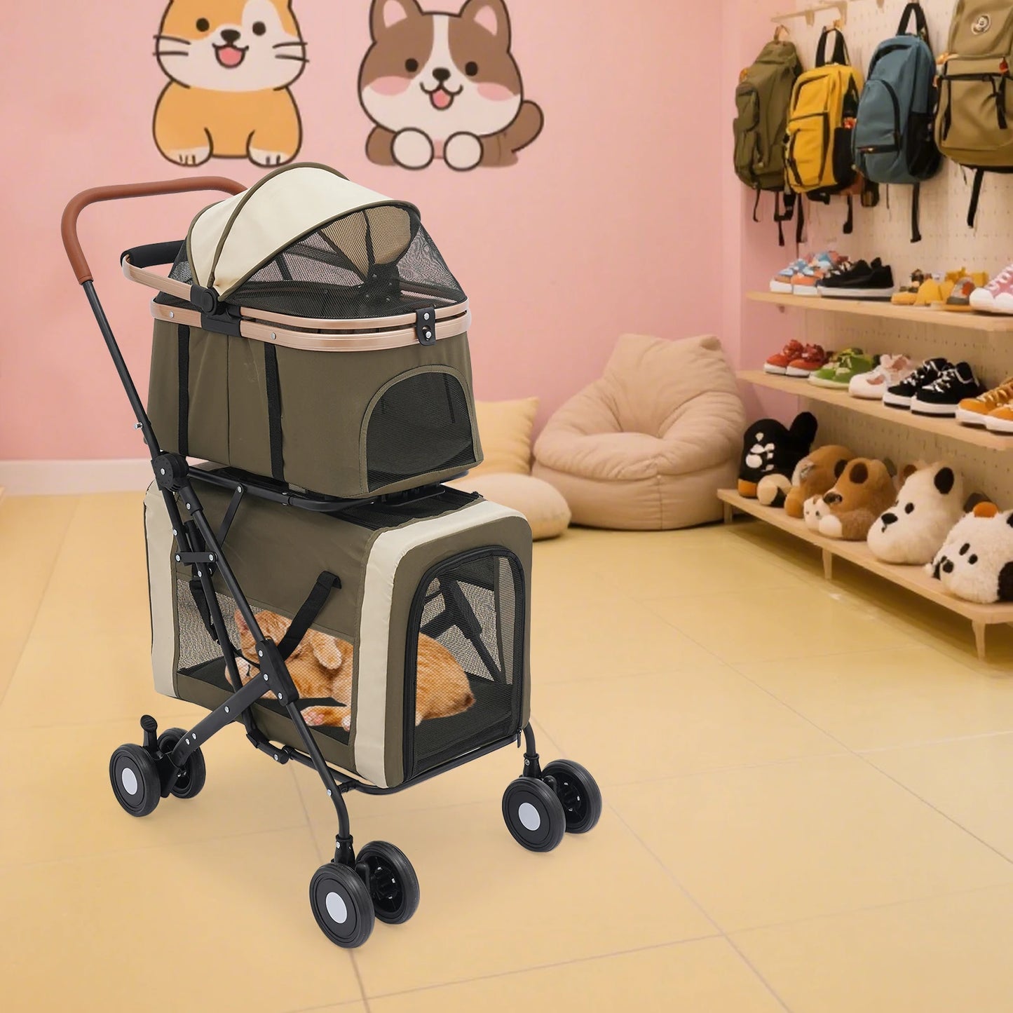 Foldable Pet Stroller for Small/Medium Pets—18.1x22.8x38.2in, 2-Tier Design+Safety Locks, Sunshade+Cushions, Ideal for Travel