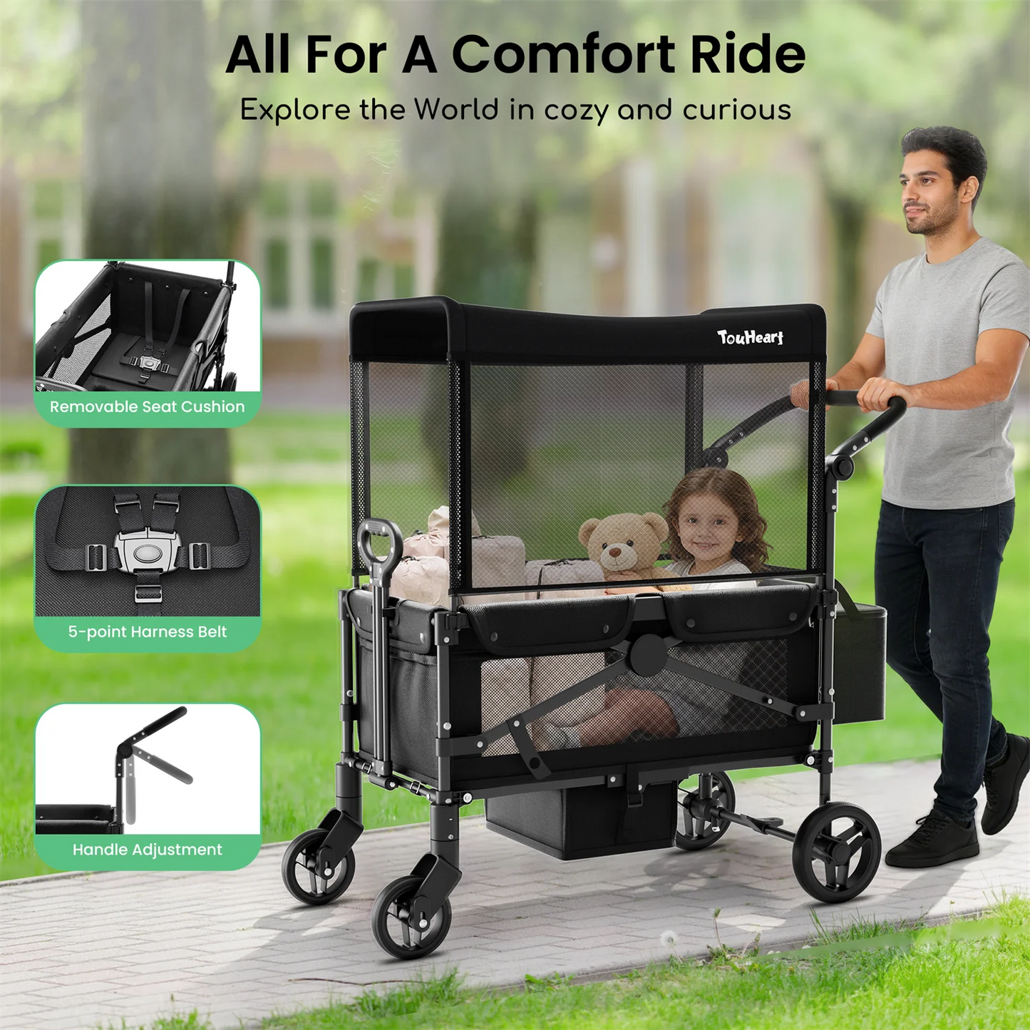 TouHeart 2 Seat Wagon Stroller For 2 Kids, Foldable All-Terrain Wagon for Toddler with Canopy 220 lbs Capacity