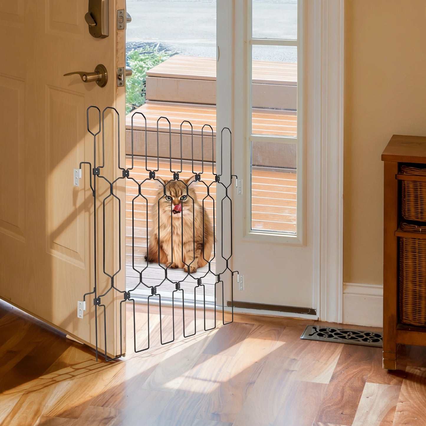 Metal Retractable Pet Fence, 30.7in Height Pet Gate, Pet Playpen With Oversized Ear-shaped Handles And Wide-hole Anchors For Door