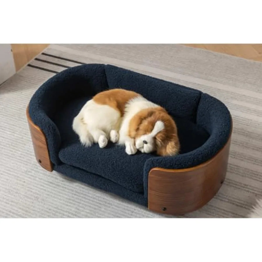 Scandinavian Style Elevated Dog Bed Pet Sofa with Solid Wood Legs Walnut Bentwood Frame Cashmere Cushion Small Size Modern Mini
