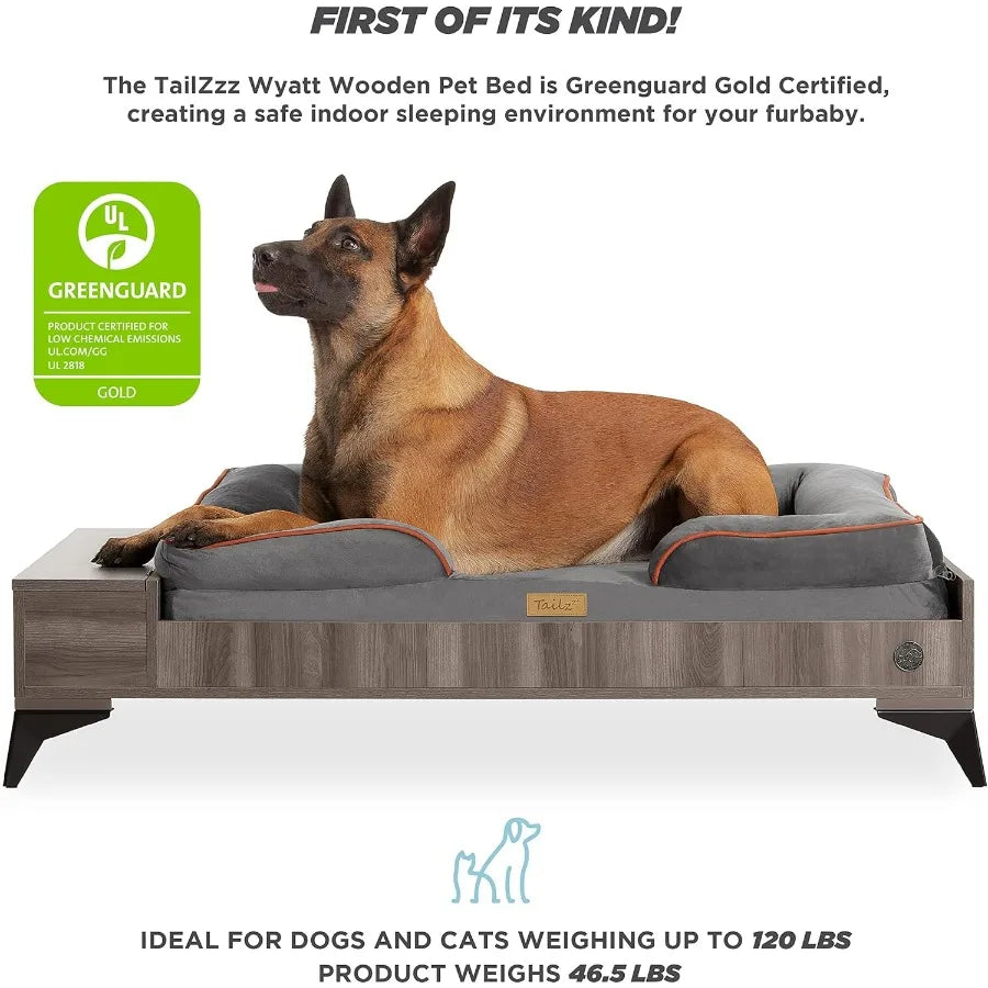 Milo Wooden Dog Bed Couch with Water-Resistant Mattress Large to Extra Large Elevated Pet Bed with Calming Mattress Greenguard