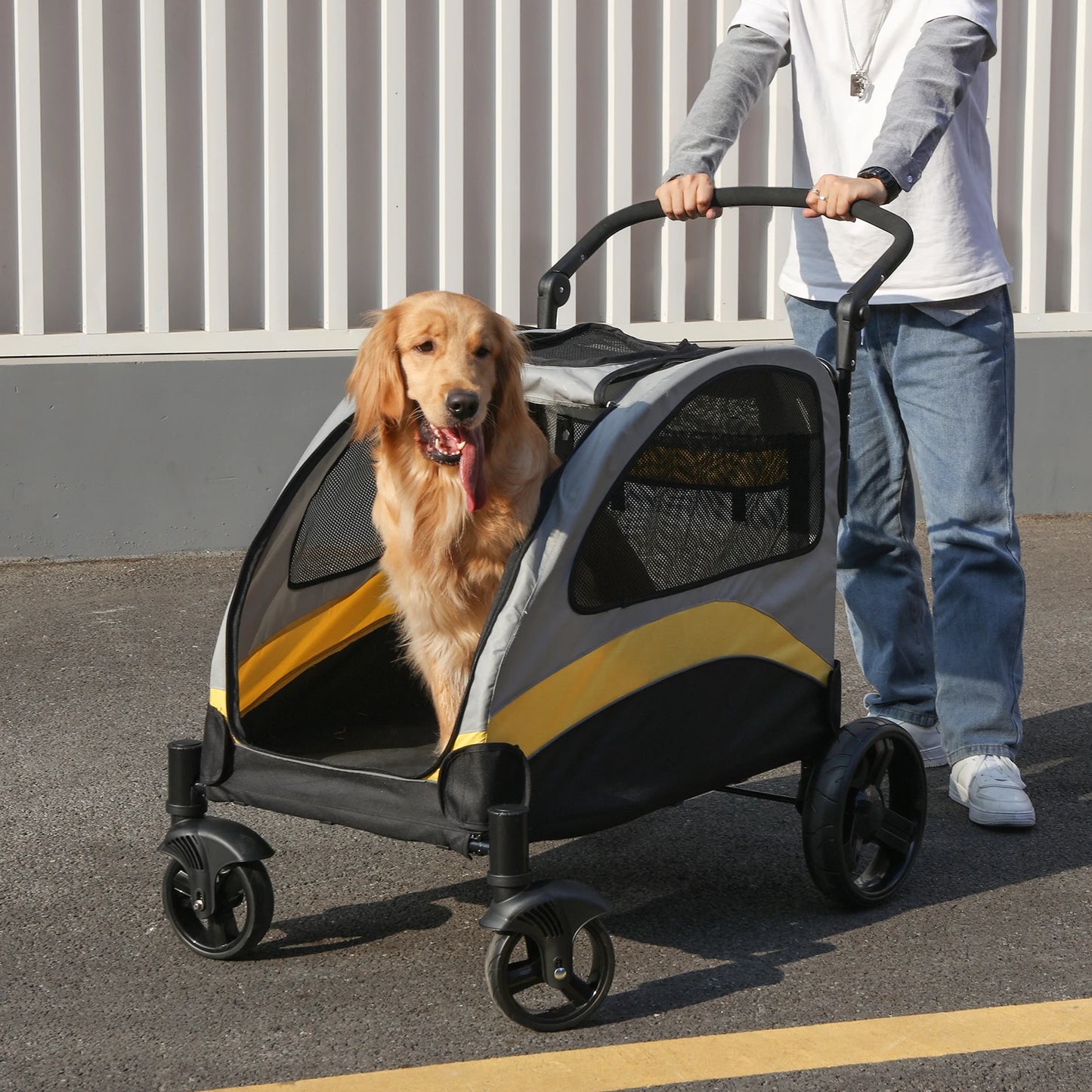 M-XL Dog Stroller Ultra-large 4 Wheels Pet Jogger Wagon Foldable Cart Travel Trolley Outdoor Animal Carrier Load Up To 55kg