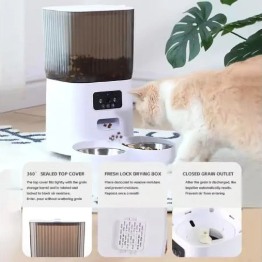 WiFi Automatic Cat Feeder with Double Bowls Smart Pet Food Dispenser for 2 Cats Dogs App Control Scheduled Feeding Portion Cont