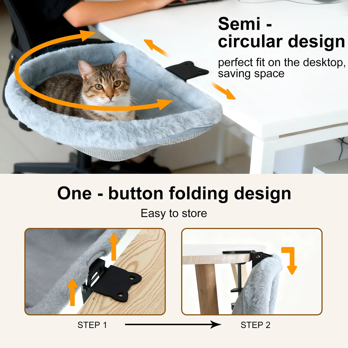 Foldable Semi-Circular Cat Desk Bed Space Saving Hammock Non-Slip Clamp Mount Cat Perch Comfortable Sunken Nest for Home Office Indoor Cats