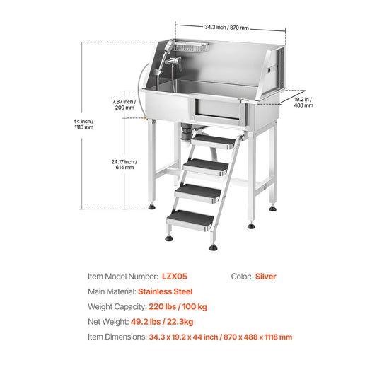 SucceBuy 34" Dog Washing Station Stainless Steel Dog Wash Sink with Shower Faucet Soap Holder Non-Slip Stairs Easy-Clean Design