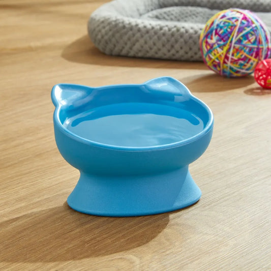 Elevated Cat Bowl with Ears Design 0.8 Cup Capacity Blue Plastic Pet Feeding Dish for Cats and Small Dogs