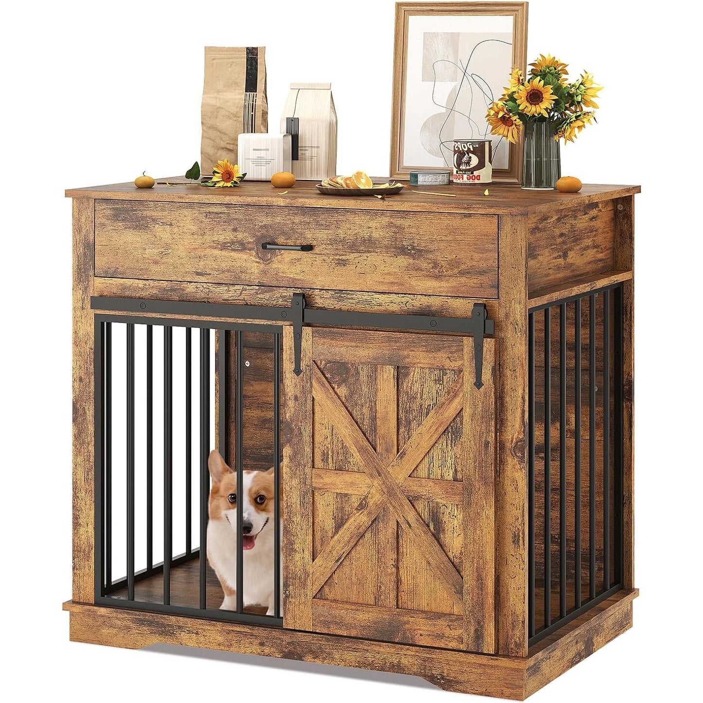 Heavy Duty Iron-Wood Dog Crate Furniture, 2-in-1 Kennel End Table with Sliding Barn Door, Storage Drawer, Decorative Pet House Side, Dog Kennel TV Stand for Small/Medium Dogs