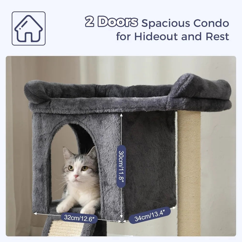 Compact Multi Level Cat Tower with Large Top Bed Condo Sisal Scratching Post Ramp Self Groomer Toy
