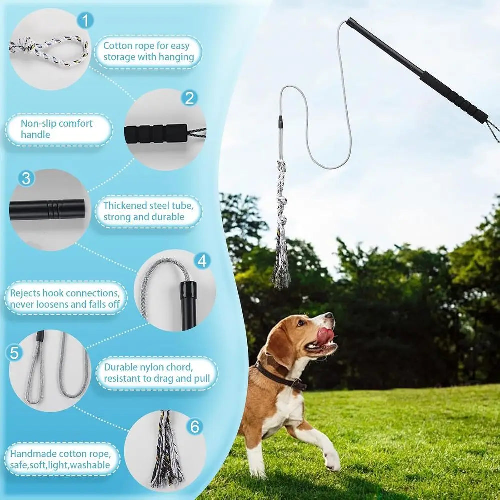 Interactive Chase and Tug o War Outdoor Dog Toys, Heavy Duty Dog Teaser Wand Chase Toys with Rope, Durable Stick Pole for Dogs O