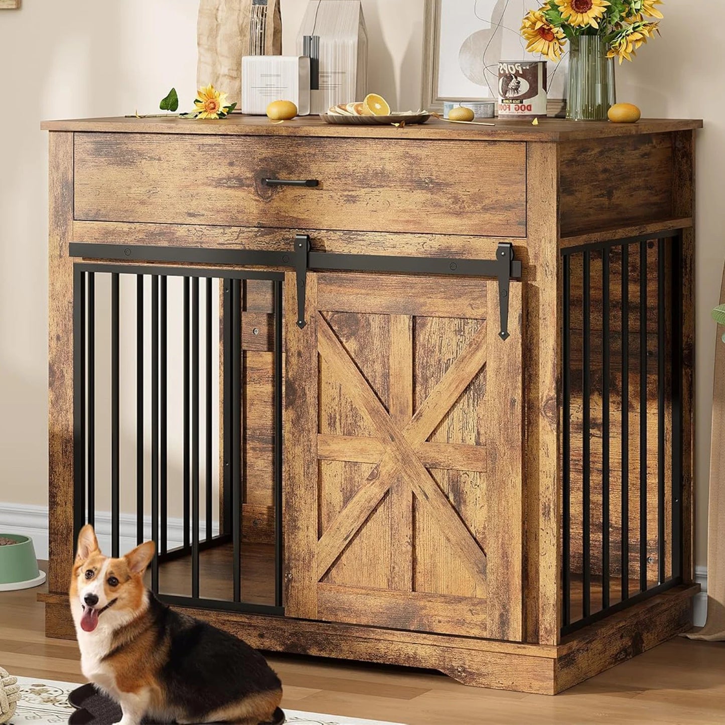 Heavy Duty Iron-Wood Dog Crate Furniture, 2-in-1 Kennel End Table with Sliding Barn Door, Storage Drawer, Decorative Pet House Side, Dog Kennel TV Stand for Small/Medium Dogs