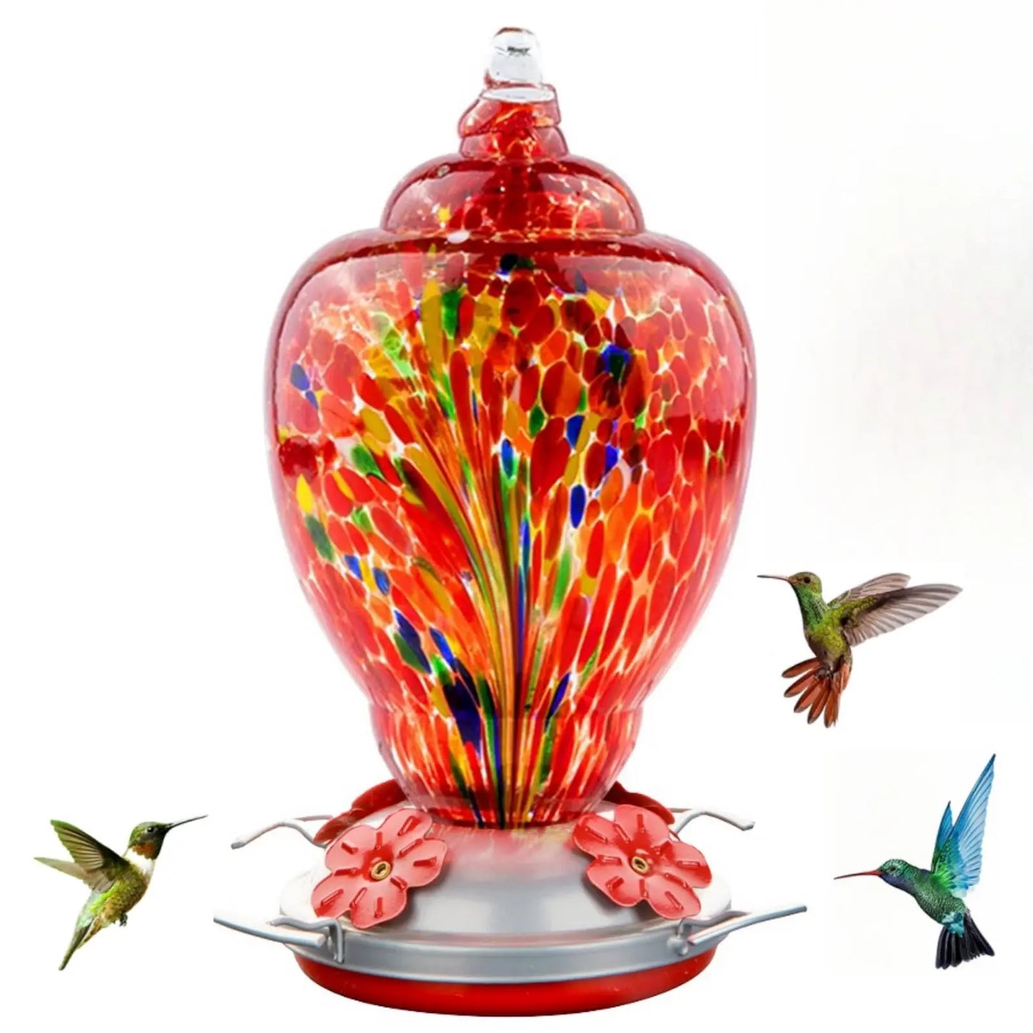 32oz Hand Blown Glass Hummingbird Feeder for Outdoor Yard, Red Firework Ant Proof Nectar Feeder with Ant Moat, Cleaning Brush & Hanging Accessories for Garden Backyard Bird Watching