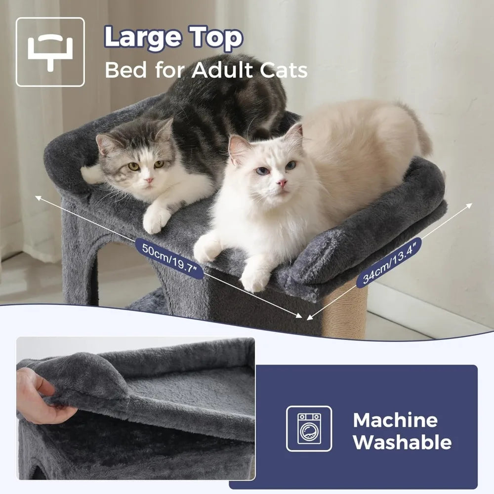Compact Multi Level Cat Tower with Large Top Bed Condo Sisal Scratching Post Ramp Self Groomer Toy