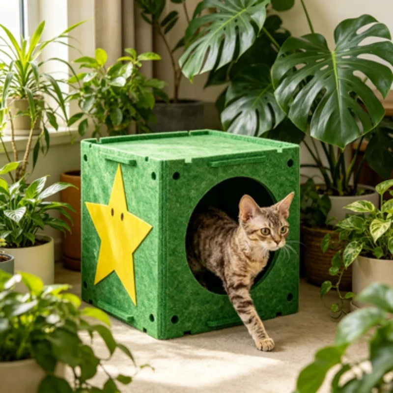 Extra Large Cartoon Cat House All-Season Enclosed Rabbit Hutch with Cat Cabinet Bed for Indoor Cats And Small Rabbits