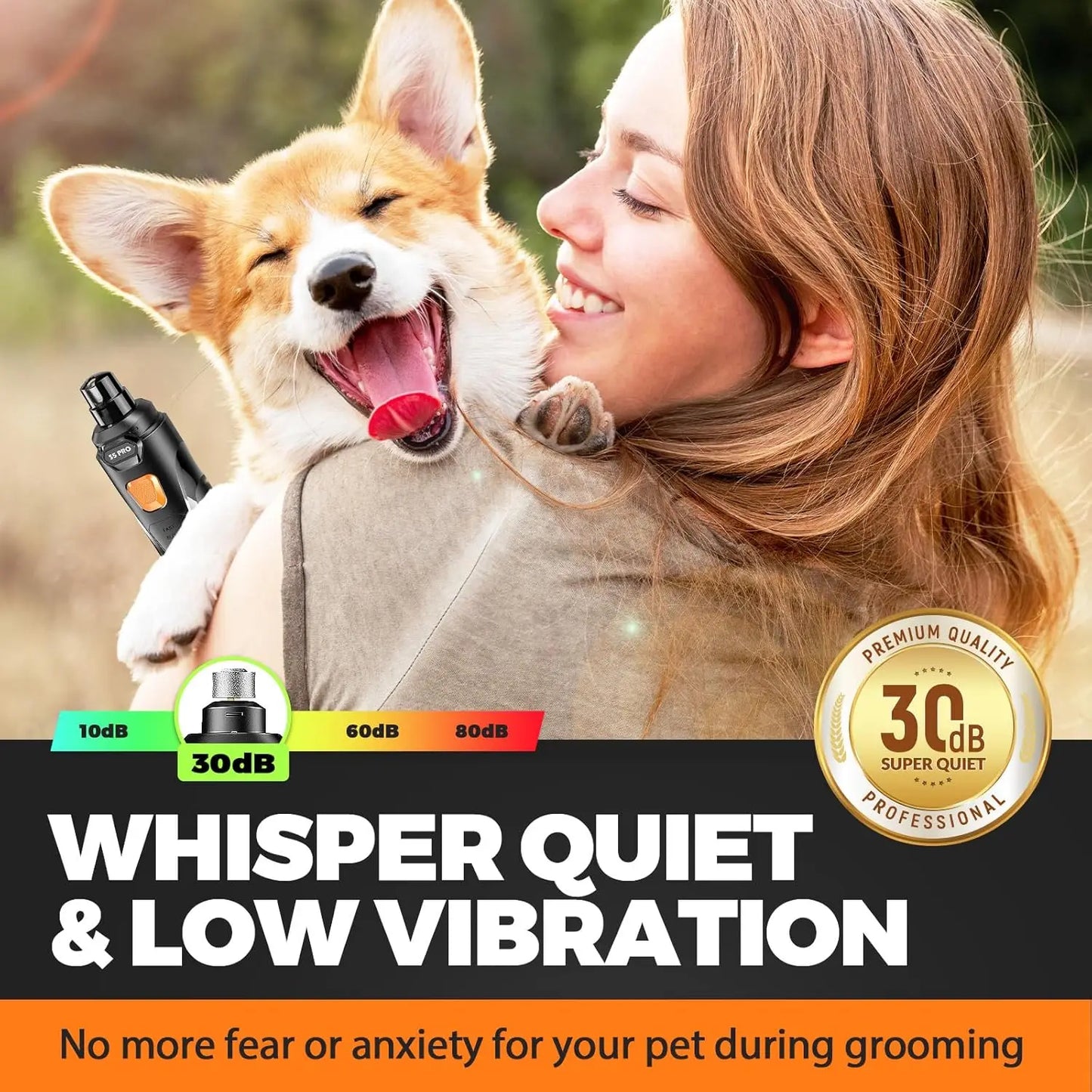 Quiet Dog Nail Grinder with LED Lights, Safe & Painless for All Pets, 3 Bits, 3 Speeds, Rechargeable