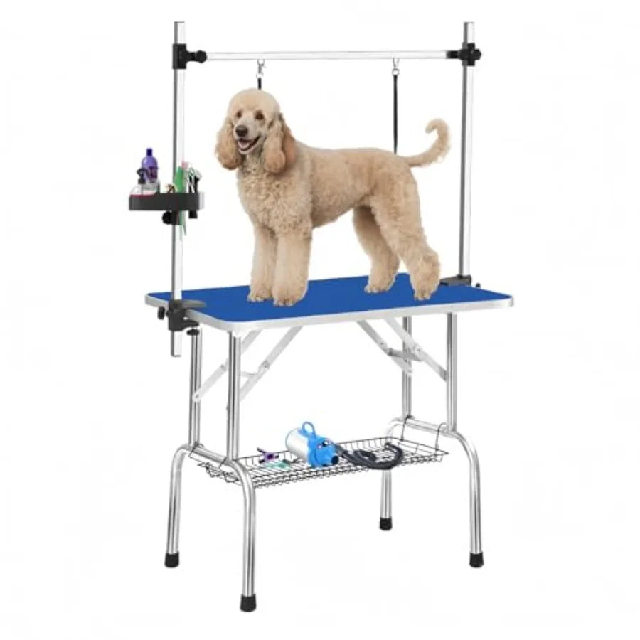 36 Inch Stainless Steel Dog Grooming Table Foldable Pet Grooming Stand with Adjustable Arm 2 Nooses 2 Storage Baskets Anti-Slip