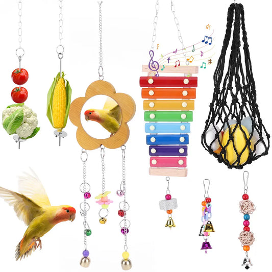 10PCS Bird Toys Set Small Parrot Hanging Hammock Parrot Toy Perch Toys for Budgerigar Parakeet Conure Cockatiel Mynah