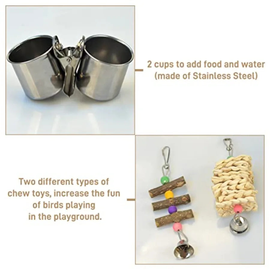 Natural Wood Bird Toys Playground, Bird Cage Accessories, Bird Perches, with Removable Tray and 2 Stainless Steel Cups
