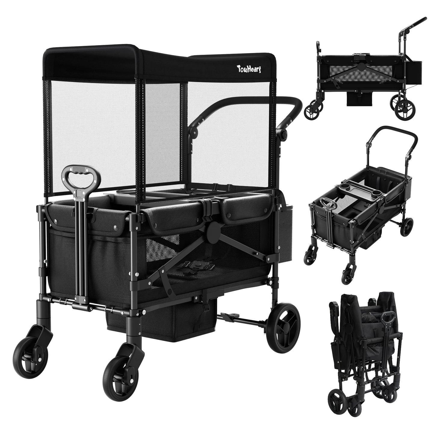 TouHeart 2 Seat Wagon Stroller For 2 Kids, Foldable All-Terrain Wagon for Toddler with Canopy 220 lbs Capacity