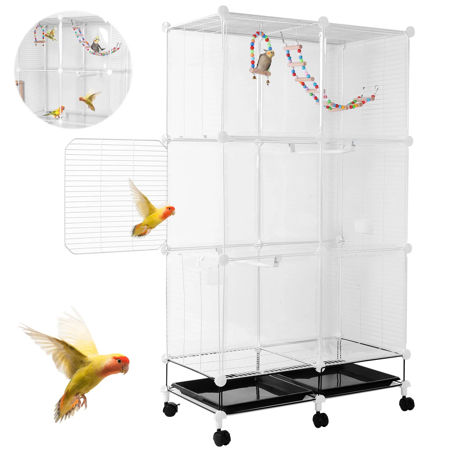 Big Flight Bird Cage Parrot Cage with Rolling Stand & Wheels & Stand Tray Swing Ladder Wide Birdcage for Cockatiels Conure