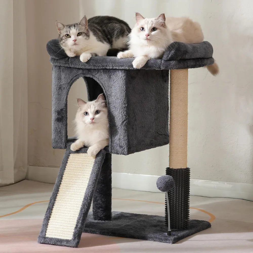 Compact Multi Level Cat Tower with Large Top Bed Condo Sisal Scratching Post Ramp Self Groomer Toy
