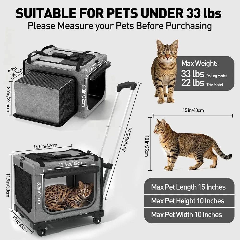 17in Expandable Wheeled Pet Carrier with Breathable Mesh for Cats and Small Dogs