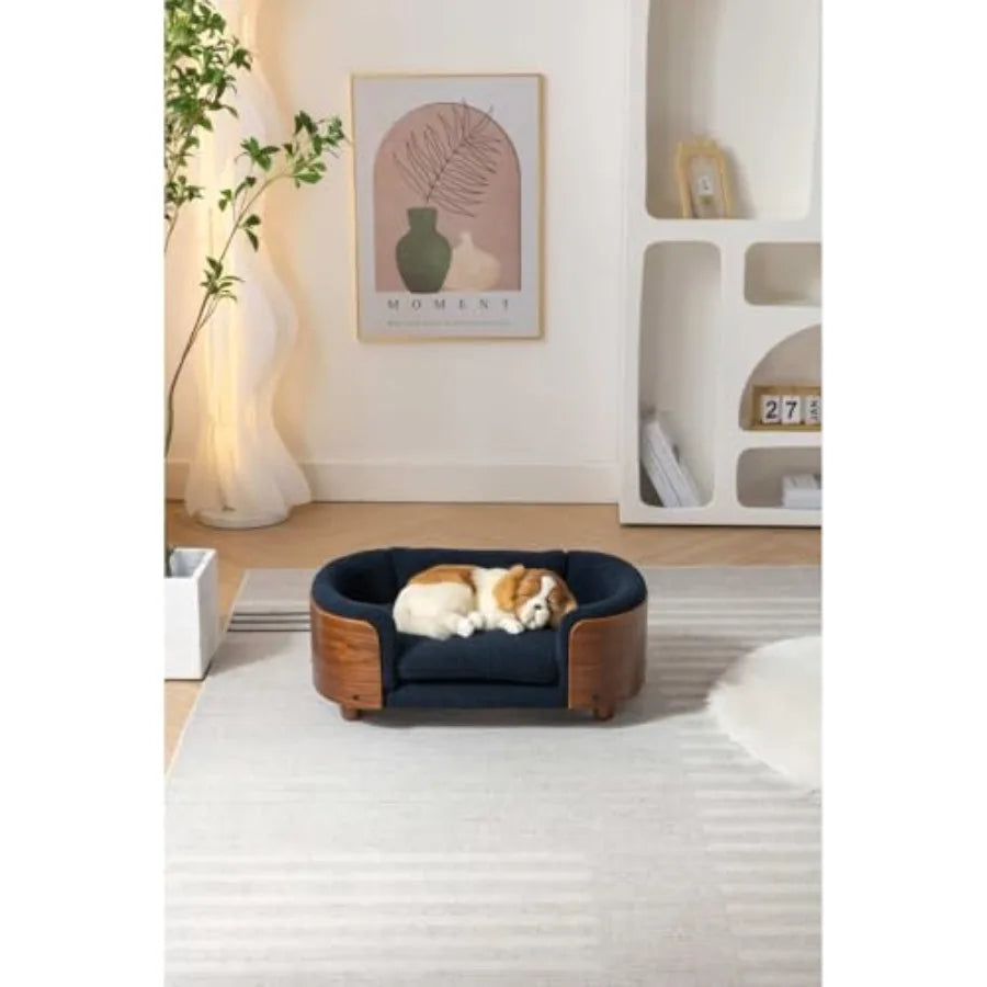 Scandinavian Style Elevated Dog Bed Pet Sofa with Solid Wood Legs Walnut Bentwood Frame Cashmere Cushion Small Size Modern Mini