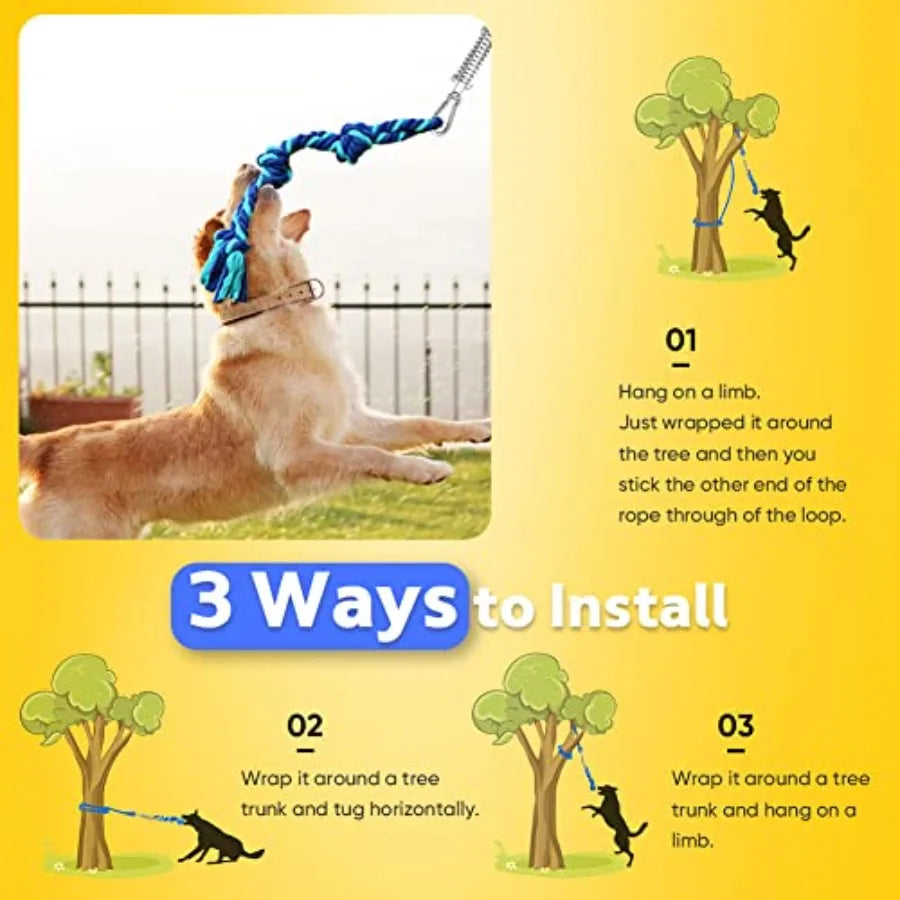 Dog Tree Tug Toy, Outdoor Hanging Spring Bungee Tether, Large Dog Durable 16ft nylon rope and steel coil hold 400lbs. Anchor on