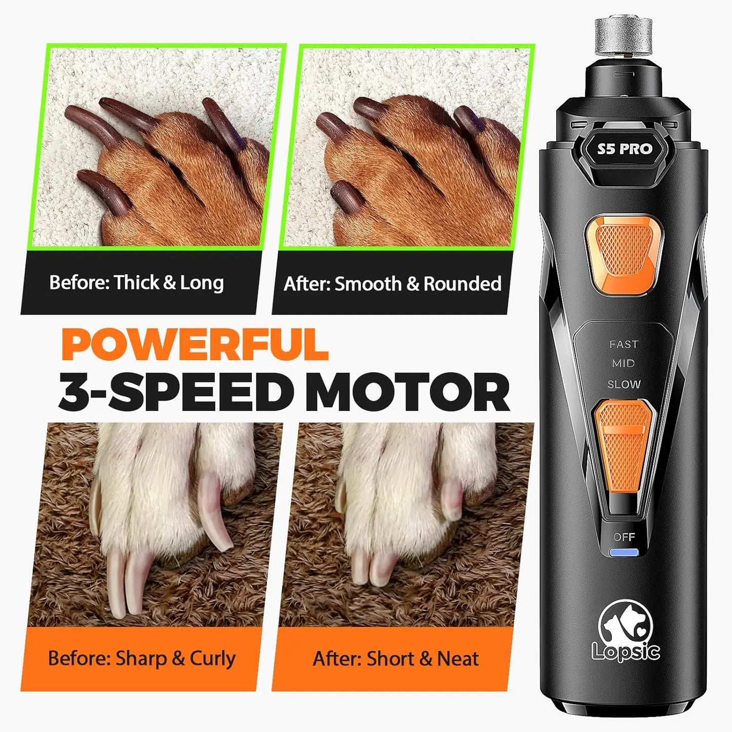 Quiet Dog Nail Grinder with LED Lights, Safe & Painless for All Pets, 3 Bits, 3 Speeds, Rechargeable