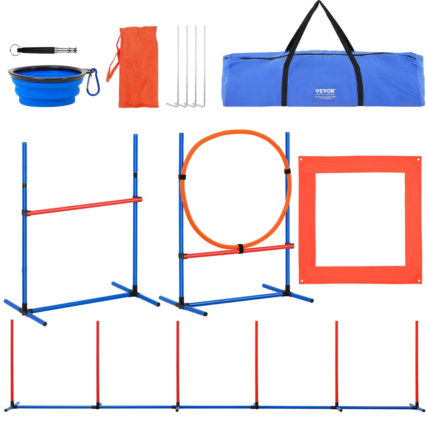 SucceBuy Dog Agility Training Equipment 4 PCS Set with Adjustable High Hurdles 6 Weave PolesJump Ring Square Pause Box Whistle