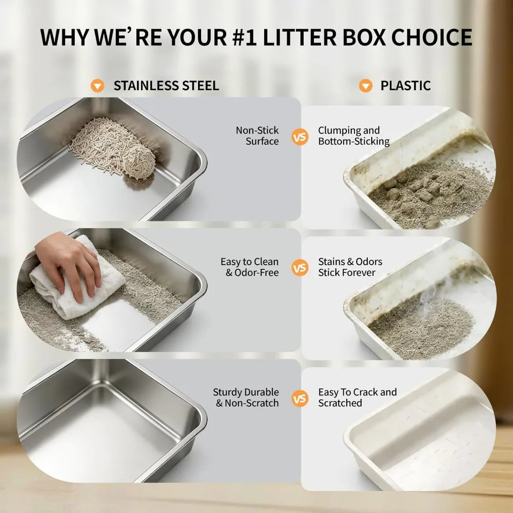 Extra Large Enclosed Stainless Steel Cat Litter Box with High Sides Flip Cover Scoop Step Leak Proof Odor Control