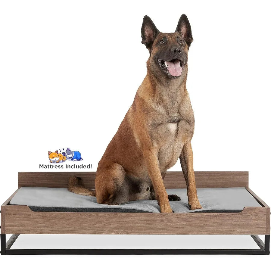Milo Wooden Dog Bed Couch with Water-Resistant Mattress Large to Extra Large Elevated Pet Bed with Calming Mattress Greenguard