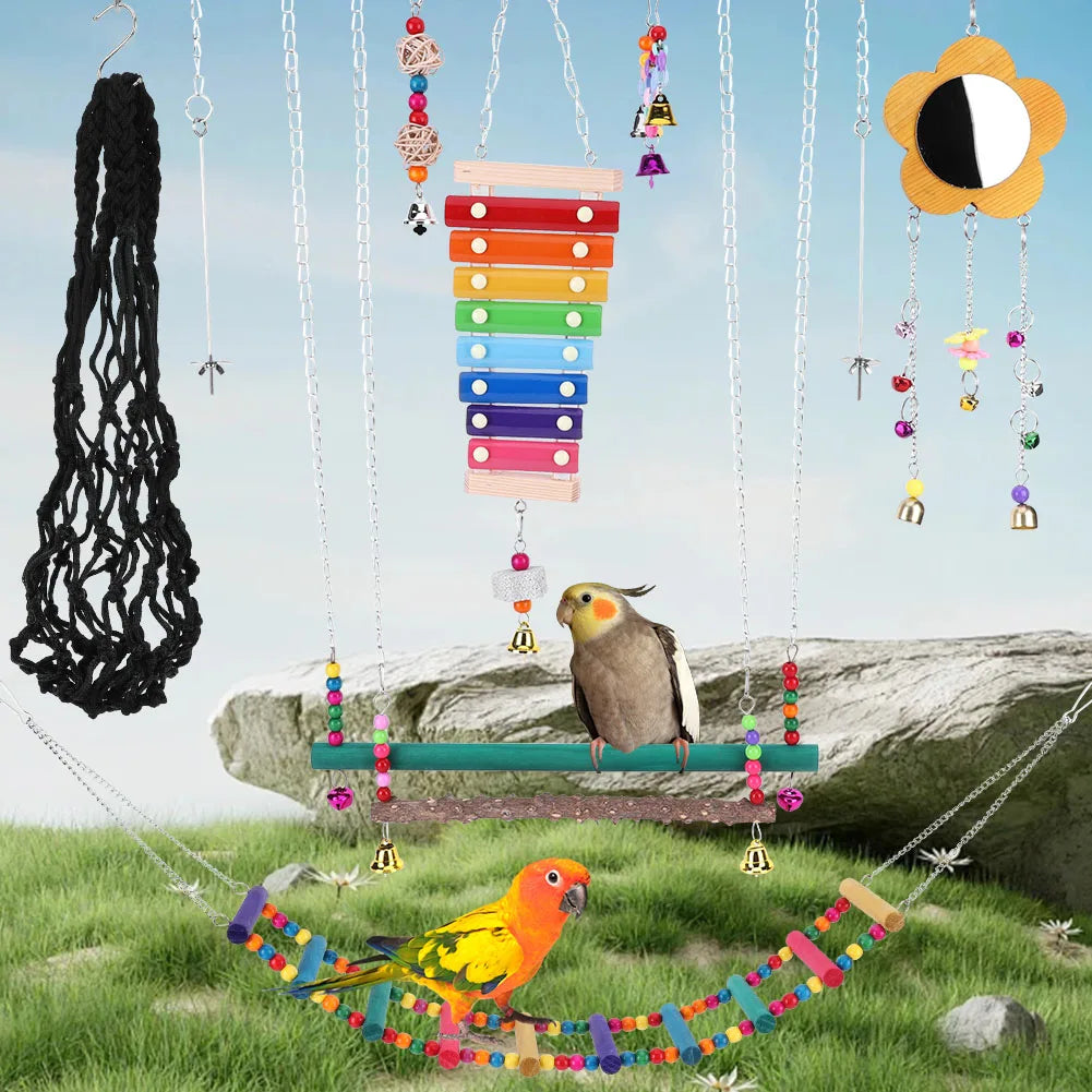 10PCS Bird Toys Set Small Parrot Hanging Hammock Bird Perch Stand Parrot Toy for Budgerigar Parakeet Conure Cockatiel Mynah