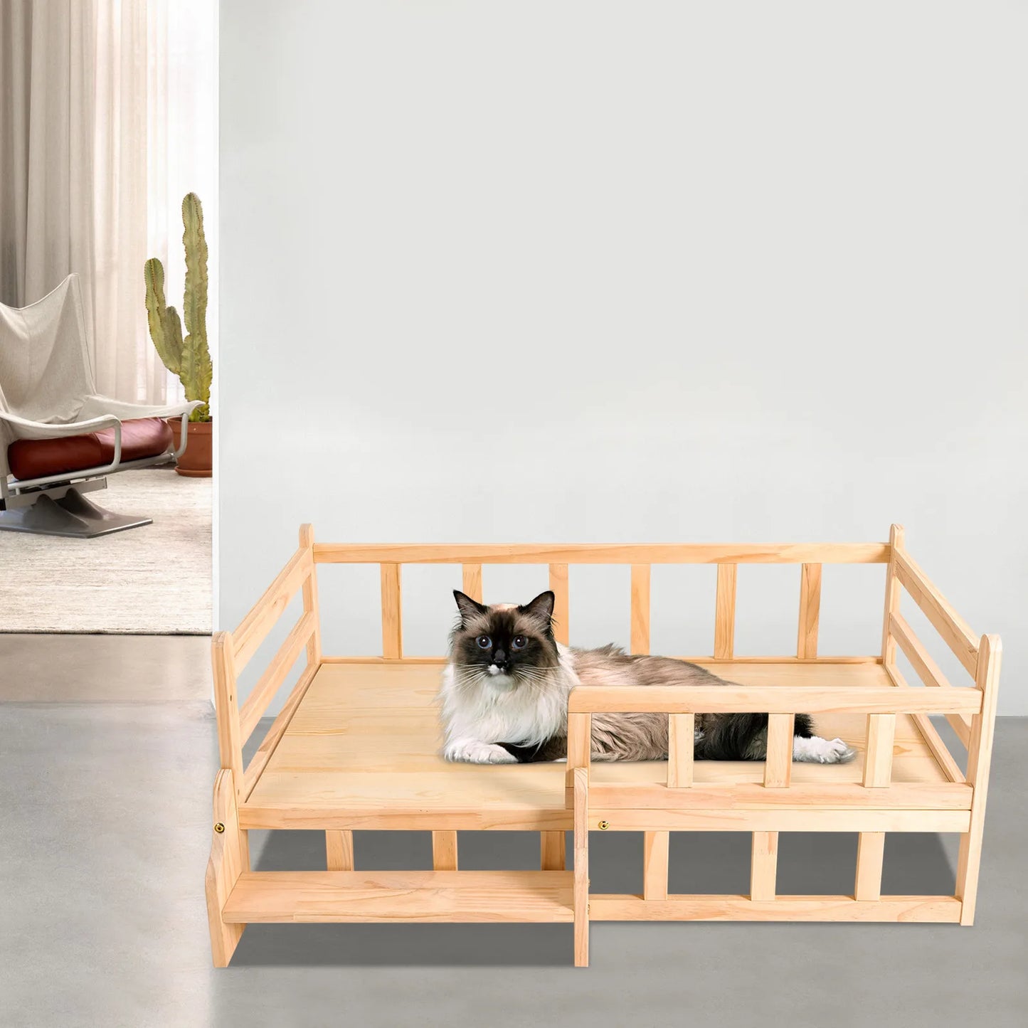 37.8*22in Solid Pine Wood Pet Bed Frame Elevated Fence Dog Cat Bed Comfortable